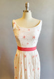 1950s Gown / 50s White Gown With Train / Embroidered Stars / 1950s Cotton Long Dress / Embroidered Flower Print Dress / Size Small