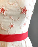 1950s Gown / 50s White Gown With Train / Embroidered Stars / 1950s Cotton Long Dress / Embroidered Flower Print Dress / Size Small