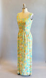 1960s Floral Maxi Dress / 60s Sun Dress / 1960s Summer Dress / Aqua Print / Size Small