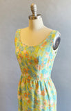1960s Floral Maxi Dress / 60s Sun Dress / 1960s Summer Dress / Aqua Print / Size Small