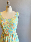 1960s Floral Maxi Dress / 60s Sun Dress / 1960s Summer Dress / Aqua Print / Size Small