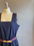 1970s Navy Dress / Navy Sasson Summer Sleeveless Belted Dress With Pockets / Size Large Extra Large