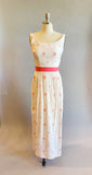 1950s Gown / 50s White Gown With Train / Embroidered Stars / 1950s Cotton Long Dress / Embroidered Flower Print Dress / Size Small