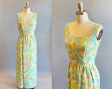 1960s Floral Maxi Dress / 60s Sun Dress / 1960s Summer Dress / Aqua Print / Size Small