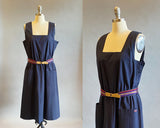 1970s Navy Dress / Navy Sasson Summer Sleeveless Belted Dress With Pockets / Size Large Extra Large
