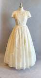 1950's Ivory Wedding Dress/ Silk Organdy Wedding Gown / 50's Wedding Dress With Floral Appliqué / Size Small