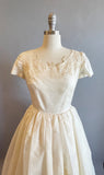 1950's Ivory Wedding Dress/ Silk Organdy Wedding Gown / 50's Wedding Dress With Floral Appliqué / Size Small