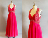 1960's Fuchsia Chiffon Gown / 60's Chiffon and Sequin Dress / Size Medium
