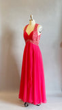 1960's Fuchsia Chiffon Gown / 60's Chiffon and Sequin Dress / Size Medium