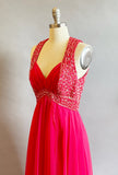 1960's Fuchsia Chiffon Gown / 60's Chiffon and Sequin Dress / Size Medium