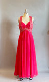 1960's Fuchsia Chiffon Gown / 60's Chiffon and Sequin Dress / Size Medium