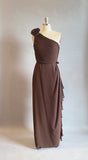 1980s Chiffon Gown / Brown Chiffon Gown / One Shoulder Gown / Size Small