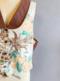Vintage Barkcloth Vest / Pineapple Print Vest / 1980s Unisex Vest With Tropical Design / Vintage Waistcoat / Size Large Size XL