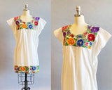 1970s Mexican Dress / Floral Embroidered Tunic / Rose Print Top / Frida Khalo Dress / Size Large Size XL Plus Size