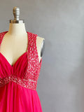 1960's Fuchsia Chiffon Gown / 60's Chiffon and Sequin Dress / Size Medium