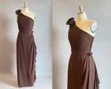 1980s Chiffon Gown / Brown Chiffon Gown / One Shoulder Gown / Size Small