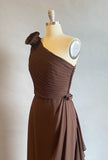 1980s Chiffon Gown / Brown Chiffon Gown / One Shoulder Gown / Size Small