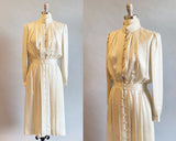 1980s Snakeskin Dress / Stanley Sherman Saks 5th Avenue Dress / Cream Silk Snakeskin Pattern Dress with Pockets / Size Medium