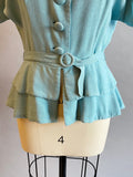 1950s Jacket / Blue Embroidered Blouse / 50s Peplum Jacket / Size Small