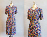 1940s Rayon Dress / 1940s Floral Dress / 1940s Day Dress / 1940s Cold Rayon Dress / Dress with Peplum / Size Medium