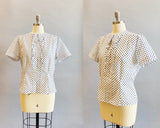 1950's Polka Dot Blouse / 1950's Suit Blouse / Blue Polka Dot Blouse / Ruffled Blouse / Size XL