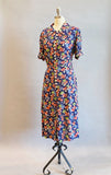 1940s Rayon Dress / 1940s Floral Dress / 1940s Day Dress / 1940s Cold Rayon Dress / Dress with Peplum / Size Medium