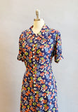1940s Rayon Dress / 1940s Floral Dress / 1940s Day Dress / 1940s Cold Rayon Dress / Dress with Peplum / Size Medium