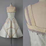 Rare 1950s FONTANA Dress / Sorelle Fontana Couture Dress / Pale Blue Organdy Dress w/ Appliqués / Fit and Flare Party Dress / Size Small