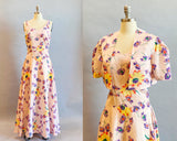 1930's Floral Dress  / 30's Dress With Jacket / Silk Taffeta Gown / 30's Hostess Dress / Size Medium
