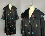 1960s Opera Coat / Black Silk Opera Coat with Statement Collar / 1960s Evening Coat / Asian Medallion Print / Size Medium Large Extra Large