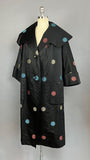1960s Opera Coat / Black Silk Opera Coat with Statement Collar / 1960s Evening Coat / Asian Medallion Print / Size Medium Large Extra Large