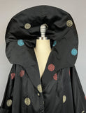 1960s Opera Coat / Black Silk Opera Coat with Statement Collar / 1960s Evening Coat / Asian Medallion Print / Size Medium Large Extra Large