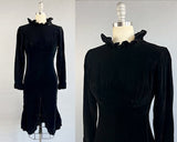1960s Velvet Dress / 60s Velvet Cocktail Dress with Ruffled Sleeves and Cutaway Hemline / Size Small Size Extra Small