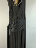 1930s Jeweled Gown / Rare Size XL / 1930s Black Silk Crepe Gown With Gem Tone Jewels on Sleeves / Rare Vintage Size Extra Large