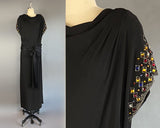 1930s Jeweled Gown / Rare Size XL / 1930s Black Silk Crepe Gown With Gem Tone Jewels on Sleeves / Rare Vintage Size Extra Large