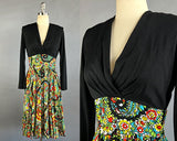 1960s Paisley Dress / Bold Floral Paisely Long Sleeved Day Dress with Black Cross Body Bodice and Full Ruffled Skirt / Size Large