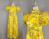 1960s Emma Domb Dress / Yellow Floral Print Dress / Empire Waist Puffed Sleeve Gown by Emma Domb / Yellow Chiffon Dress / Size Medium