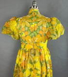 1960s Emma Domb Dress / Yellow Floral Print Dress / Empire Waist Puffed Sleeve Gown by Emma Domb / Yellow Chiffon Dress / Size Medium