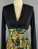 1960s Paisley Dress / Bold Floral Paisely Long Sleeved Day Dress with Black Cross Body Bodice and Full Ruffled Skirt / Size Large