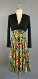 1960s Paisley Dress / Bold Floral Paisely Long Sleeved Day Dress with Black Cross Body Bodice and Full Ruffled Skirt / Size Large