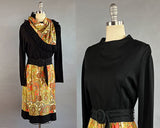 1960s Paisley Dress / 1960s Day Dress /  1960s Black Dress with Colorful Paisley Skirt & Matching Scarf / Size Large