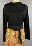 1960s Paisley Dress / 1960s Day Dress /  1960s Black Dress with Colorful Paisley Skirt & Matching Scarf / Size Large