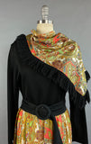 1960s Paisley Dress / 1960s Day Dress /  1960s Black Dress with Colorful Paisley Skirt & Matching Scarf / Size Large
