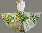 1950s Circle Skirt / Vintage Barkcloth / Sequined New Mexican Circle Skirt w/ Yellow Roses & Ferns / Size Small Size Extra Small