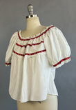 1950s Eyelet Peasant Blouse / White Eyelet Lace Peasant Blouse w/ Red Bandana Banding / Size Medium