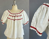 1950s Eyelet Peasant Blouse / White Eyelet Lace Peasant Blouse w/ Red Bandana Banding / Size Medium
