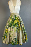 1950s Circle Skirt / Vintage Barkcloth / Sequined New Mexican Circle Skirt w/ Yellow Roses & Ferns / Size Small Size Extra Small