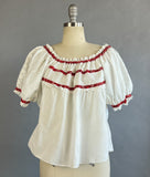 1950s Eyelet Peasant Blouse / White Eyelet Lace Peasant Blouse w/ Red Bandana Banding / Size Medium