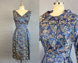 1960s Blue Silk Brocade Fitted Dress and Jacket /  Size Small