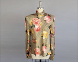 1980s Blouse /1980s Ellen Tracy Floral and Houndstooth Print Silk Satin Blouse / Size Medium Size Large